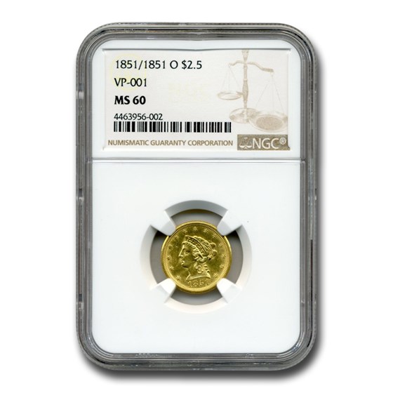 1851/1851-O $2.50 Liberty Gold Quarter Eagle MS-60 NGC (VP-001) 1851/1851-O $2.50 Liberty Gold Quarter Eagle MS-60 NGC (VP-001)